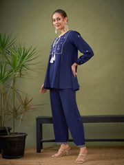 Women Royal Blue Embroidered Peplum Top With Palazzos