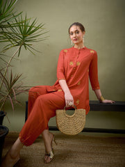 Women Rust All Over Embroidered Shirt With Palazzos