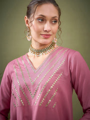 Women Pink Embroidered A Line Top With Palazzos