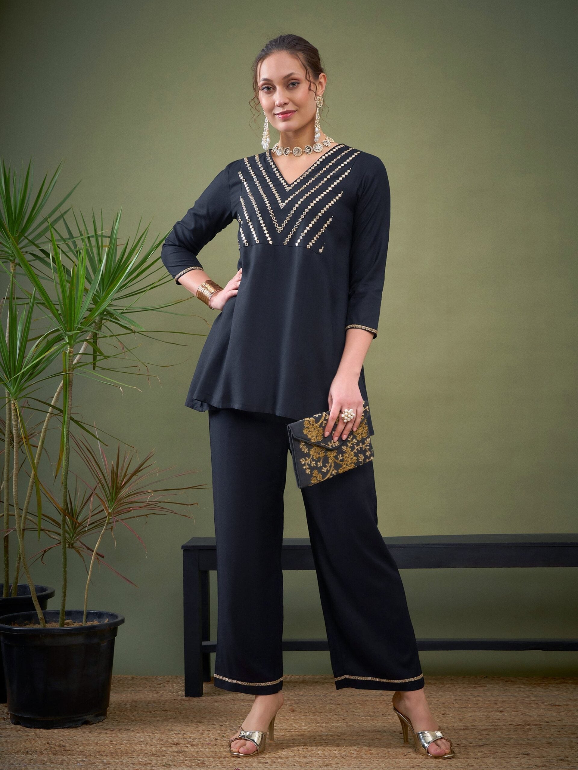 Women Black Embroidered A Line Top With Palazzos