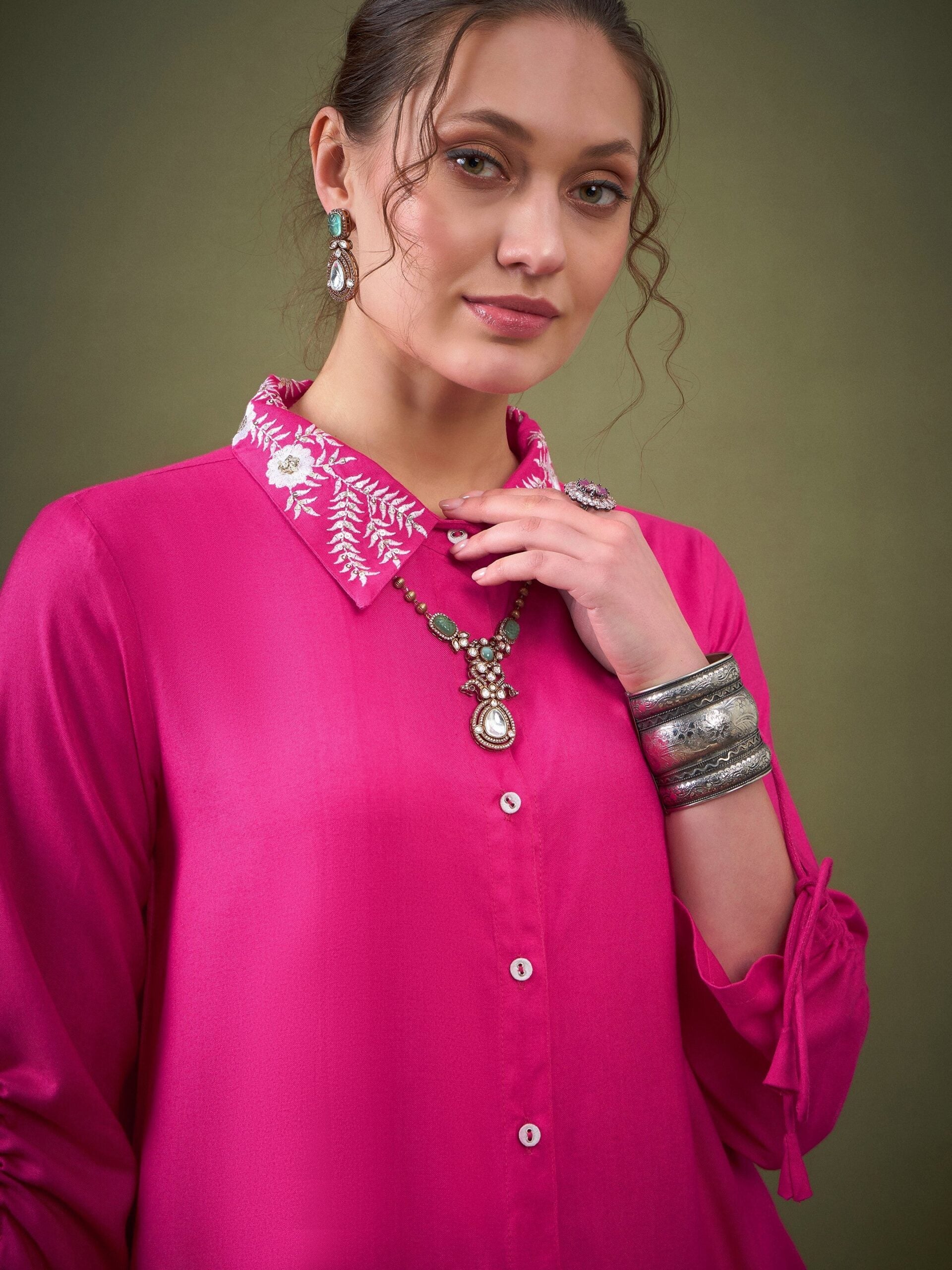 Women Fuchsia Collar Embroidered Shirt With Palazzos