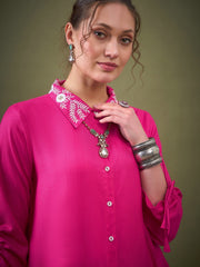 Women Fuchsia Collar Embroidered Shirt With Palazzos