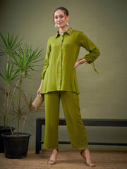 Women Green Collar Embroidered Shirt With Palazzos