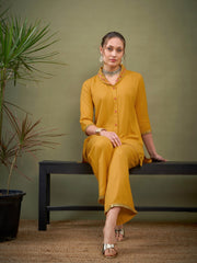 Women Mustard Shawl Collar Embroidered Shirt With Palazzos