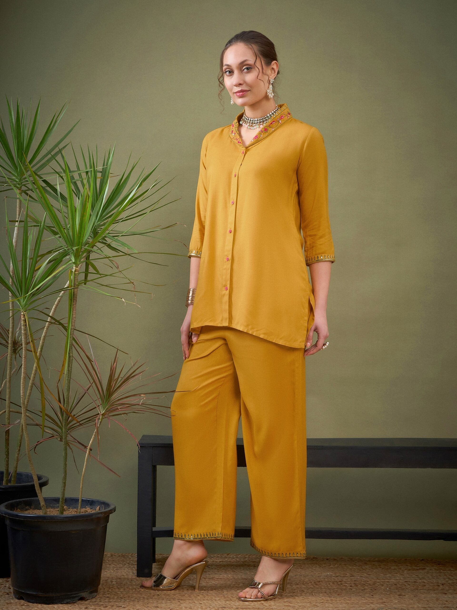 Women Mustard Shawl Collar Embroidered Shirt With Palazzos