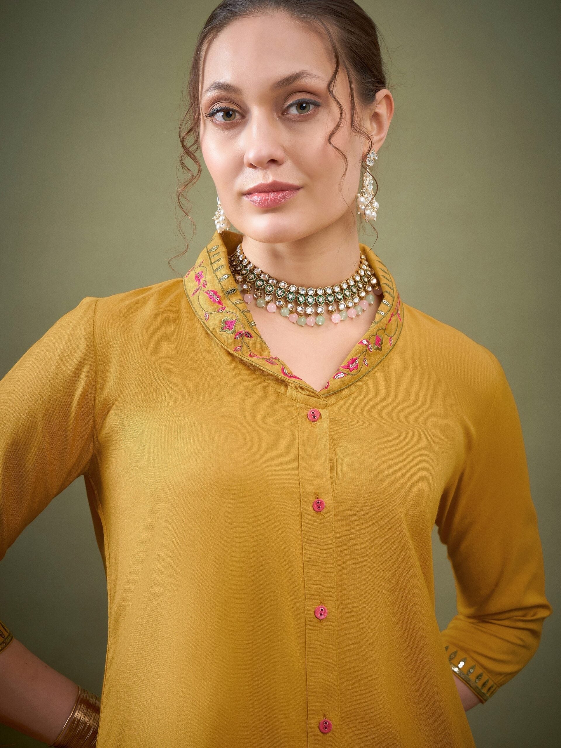 Women Mustard Shawl Collar Embroidered Shirt With Palazzos