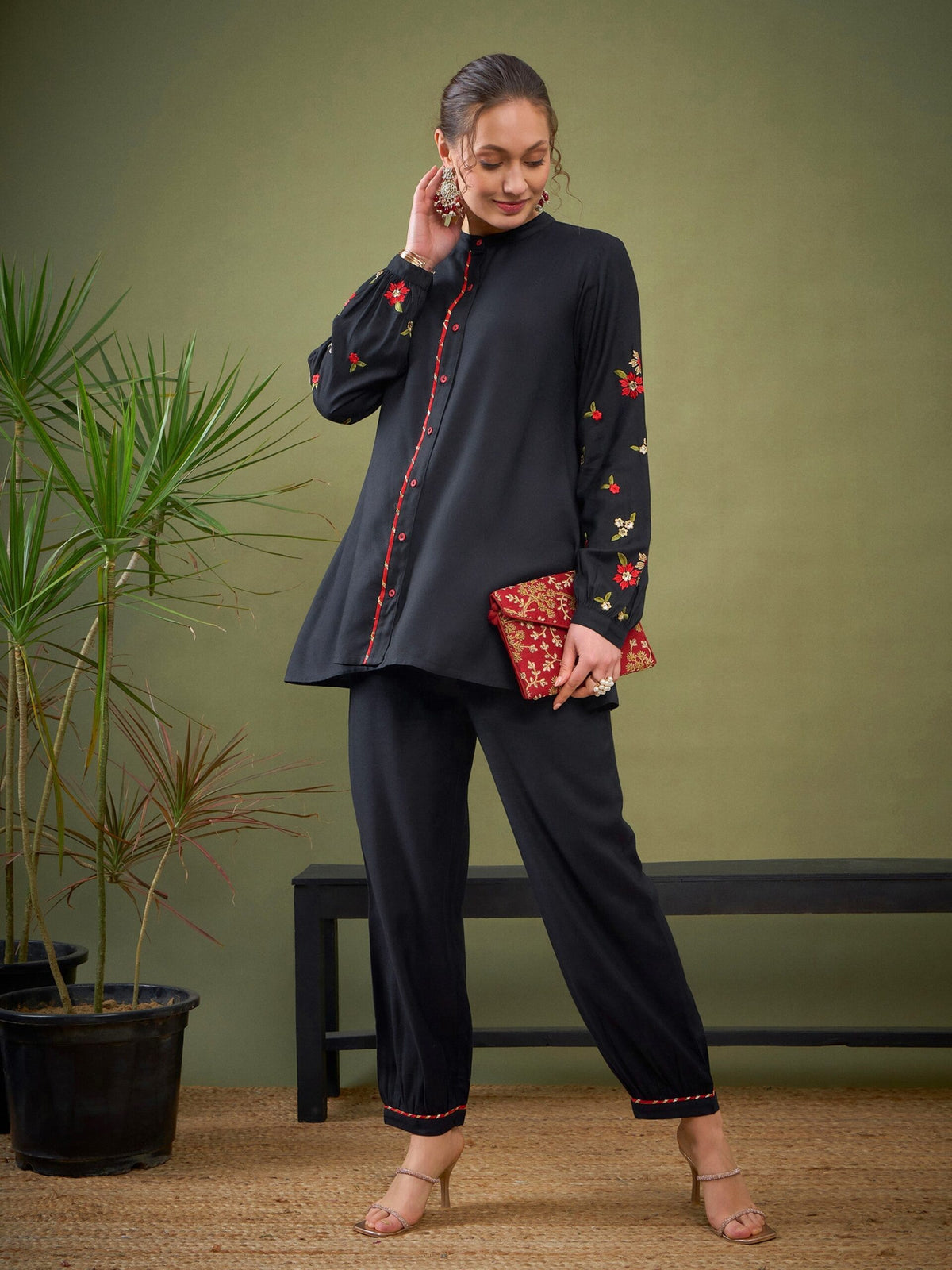 Women Black Sleeve Embroidered Shirt With Cuff Pants