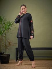 Women Black Sleeve Embroidered Shirt With Cuff Pants