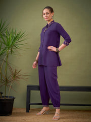 Women Dark Purple Sleeves & Collar Embroidered Shirt With Cuff Pants