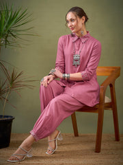 Women Pink Sleeves & Collar Embroidered Shirt With Cuff Pants