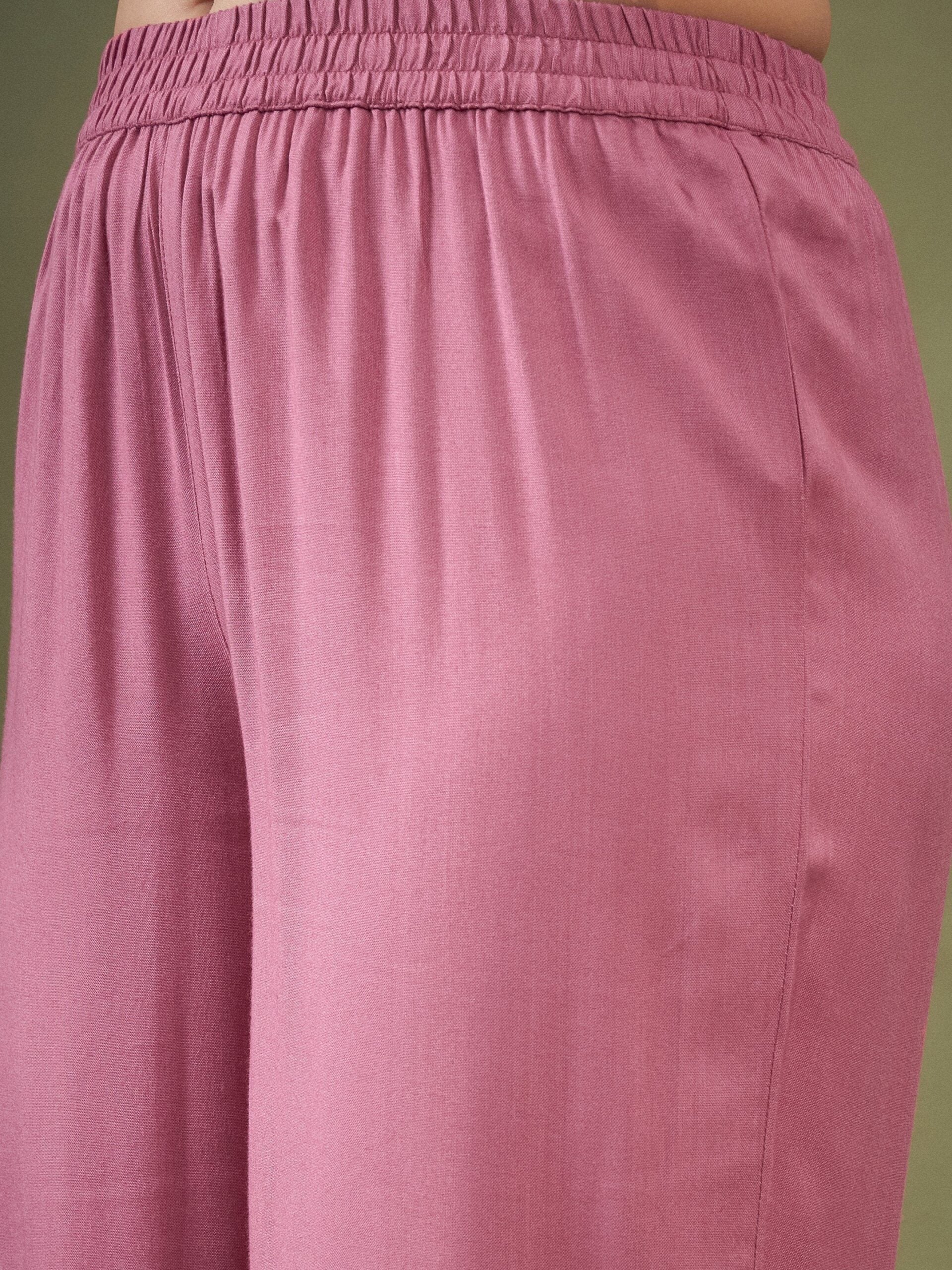 Women Pink Sleeves & Collar Embroidered Shirt With Cuff Pants