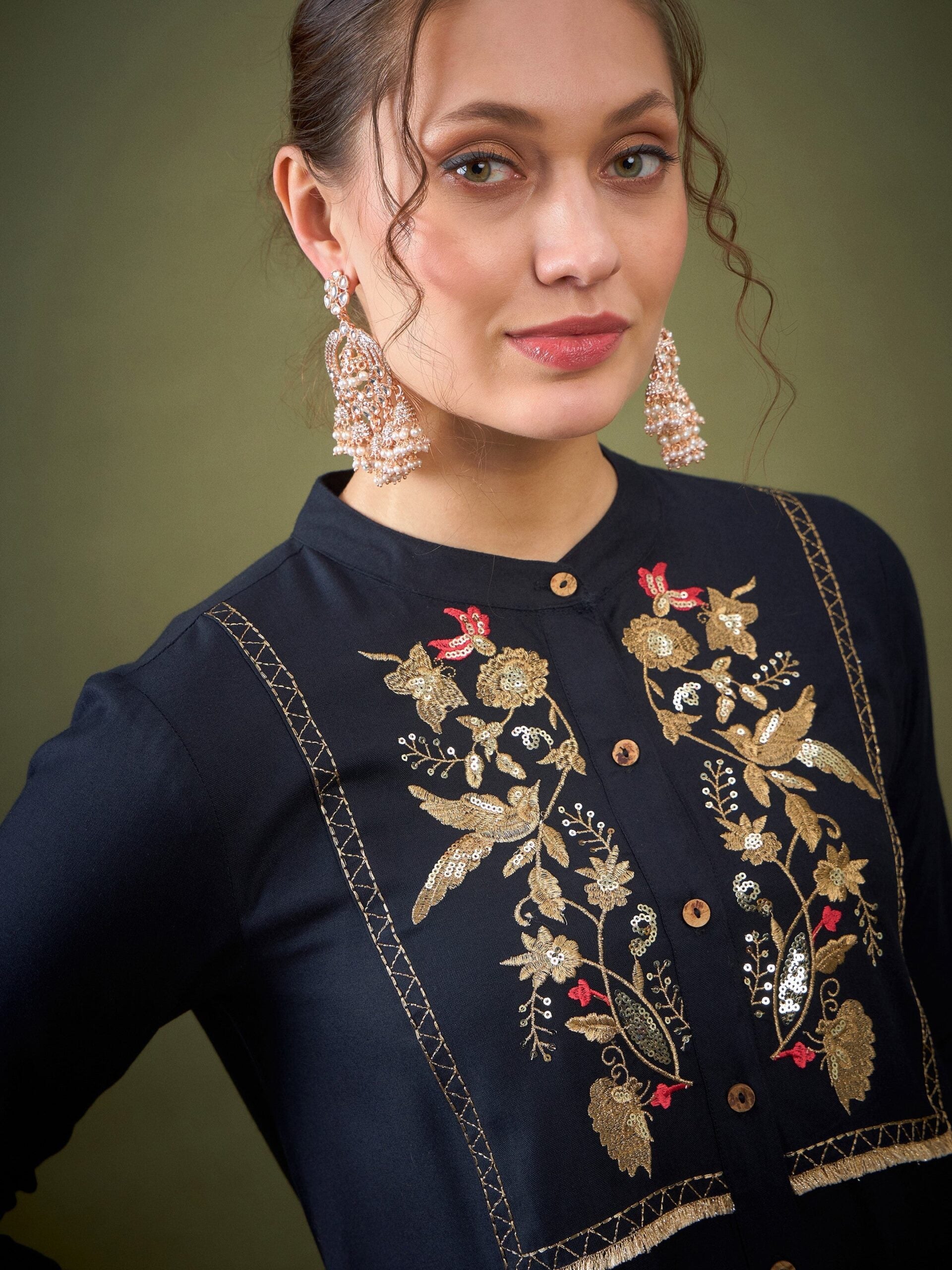 Women Black Front Yoke Embroidered Shirt With Palazzos