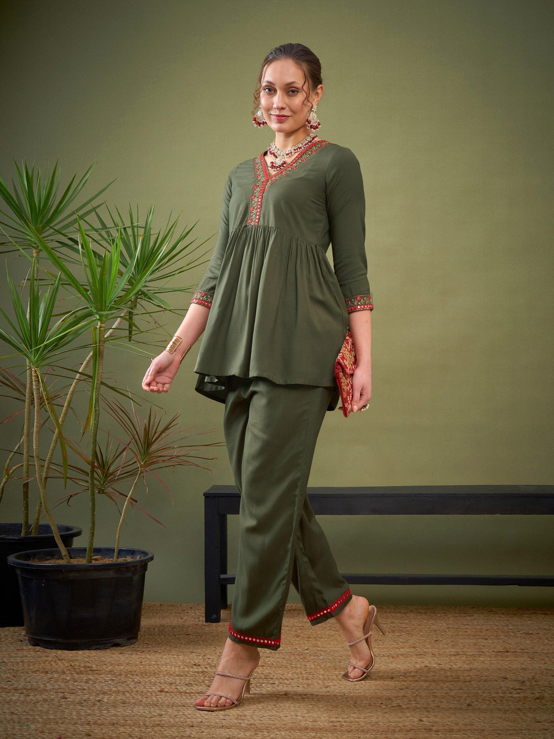 Women Olive Peplum Embroidered Top With Palazzos