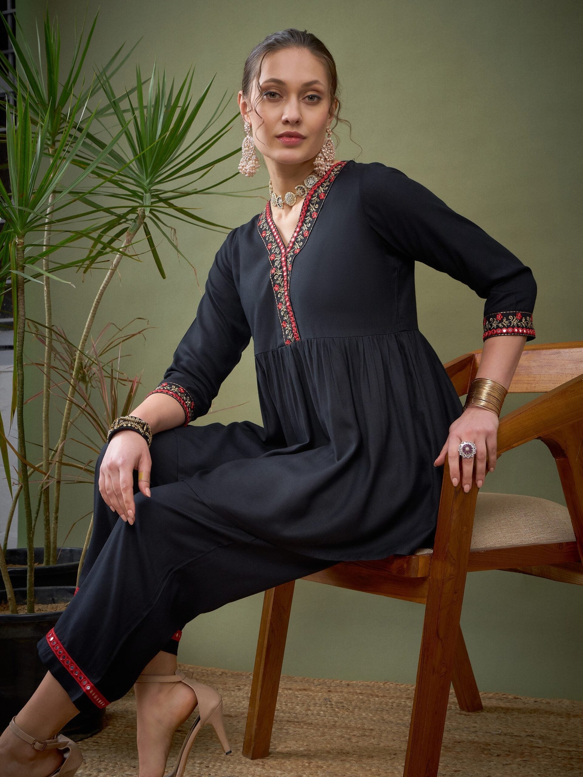 Women Black Peplum Embroidered Top With Palazzos