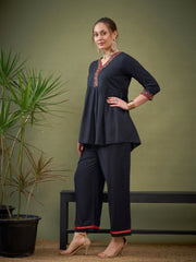 Women Black Peplum Embroidered Top With Palazzos