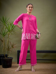 Women Fuchsia Placket Embroidered Shirt With Palazzos