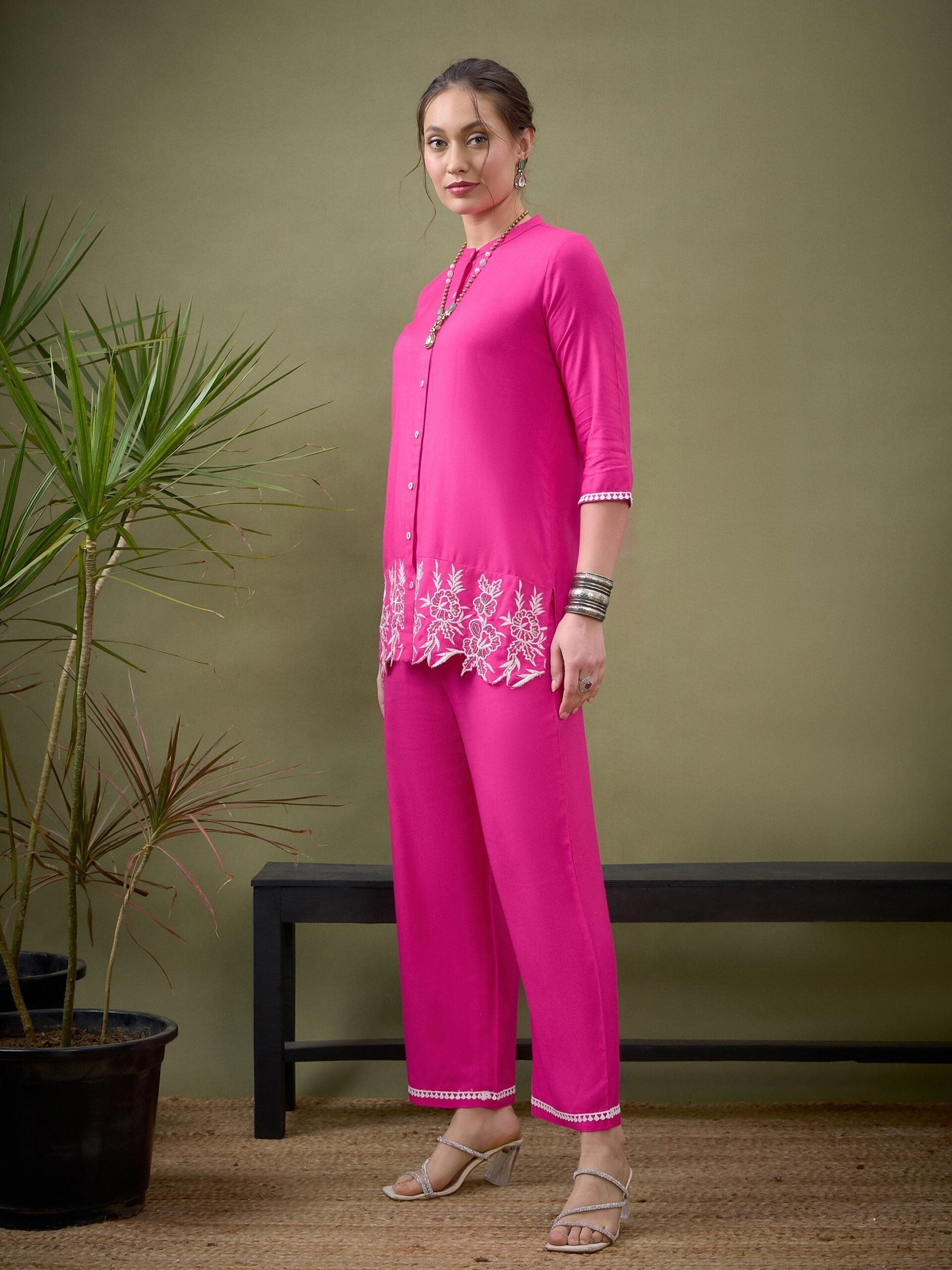 Women Fuchsia Placket Embroidered Shirt With Palazzos