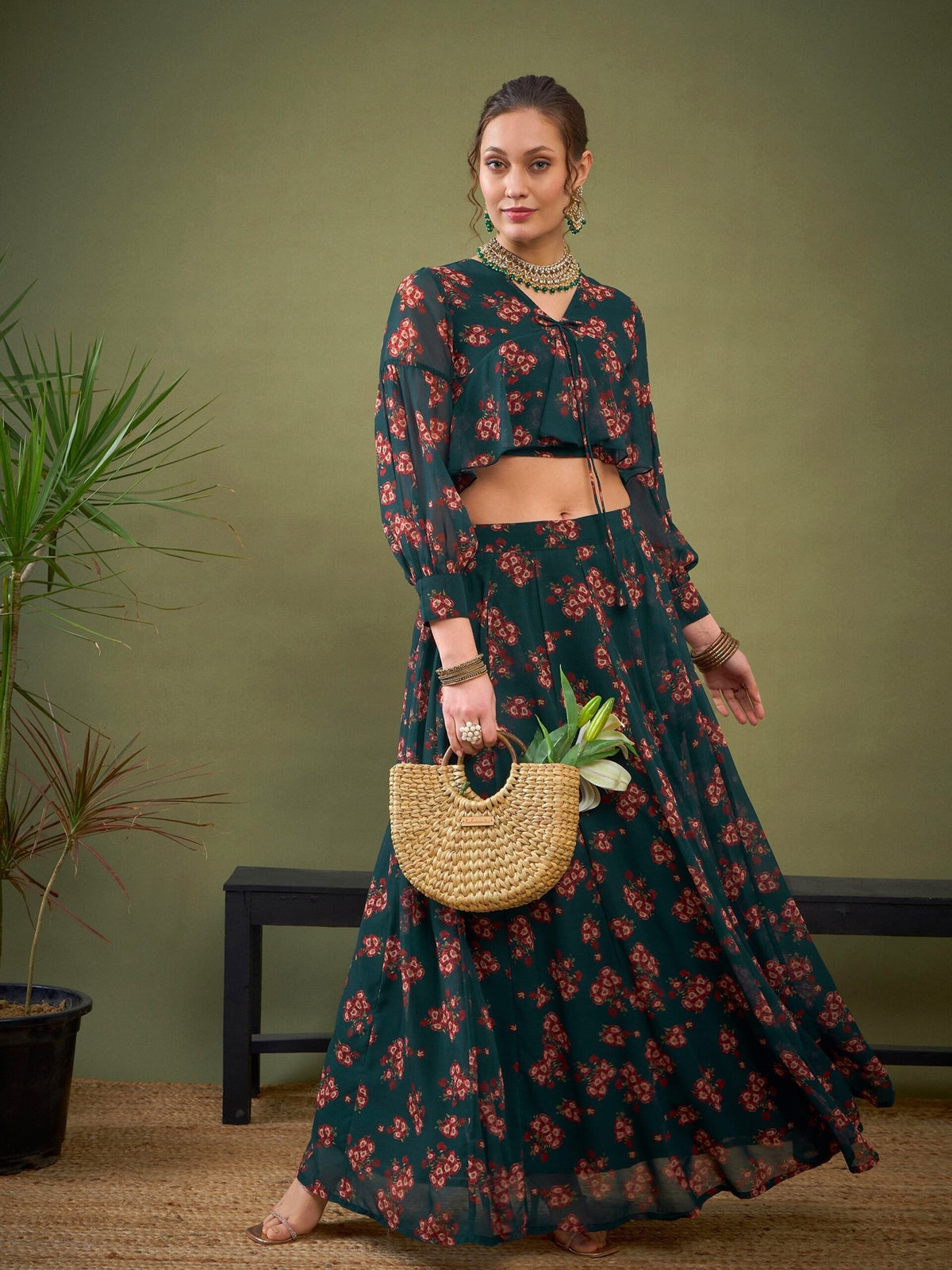 Women Green Floral Anarkali Skirt With Peplum Crop Top