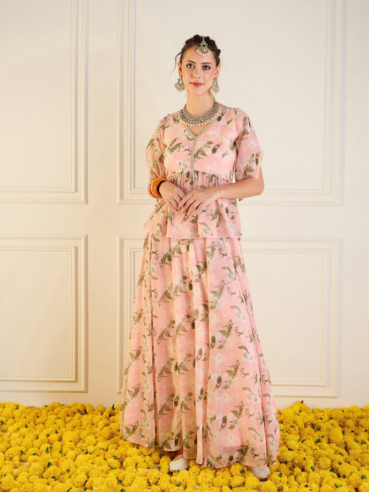 Women Peach Floral Anarkali Skirt With Peplum Top