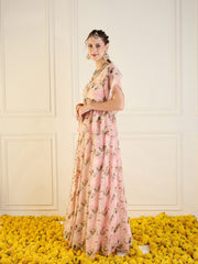 Women Peach Floral Anarkali Skirt With Peplum Top