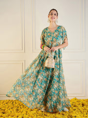 Women Turquoise Blue Floral Anarkali Skirt With Peplum Top