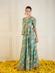 Women Turquoise Blue Floral Anarkali Skirt With Peplum Top