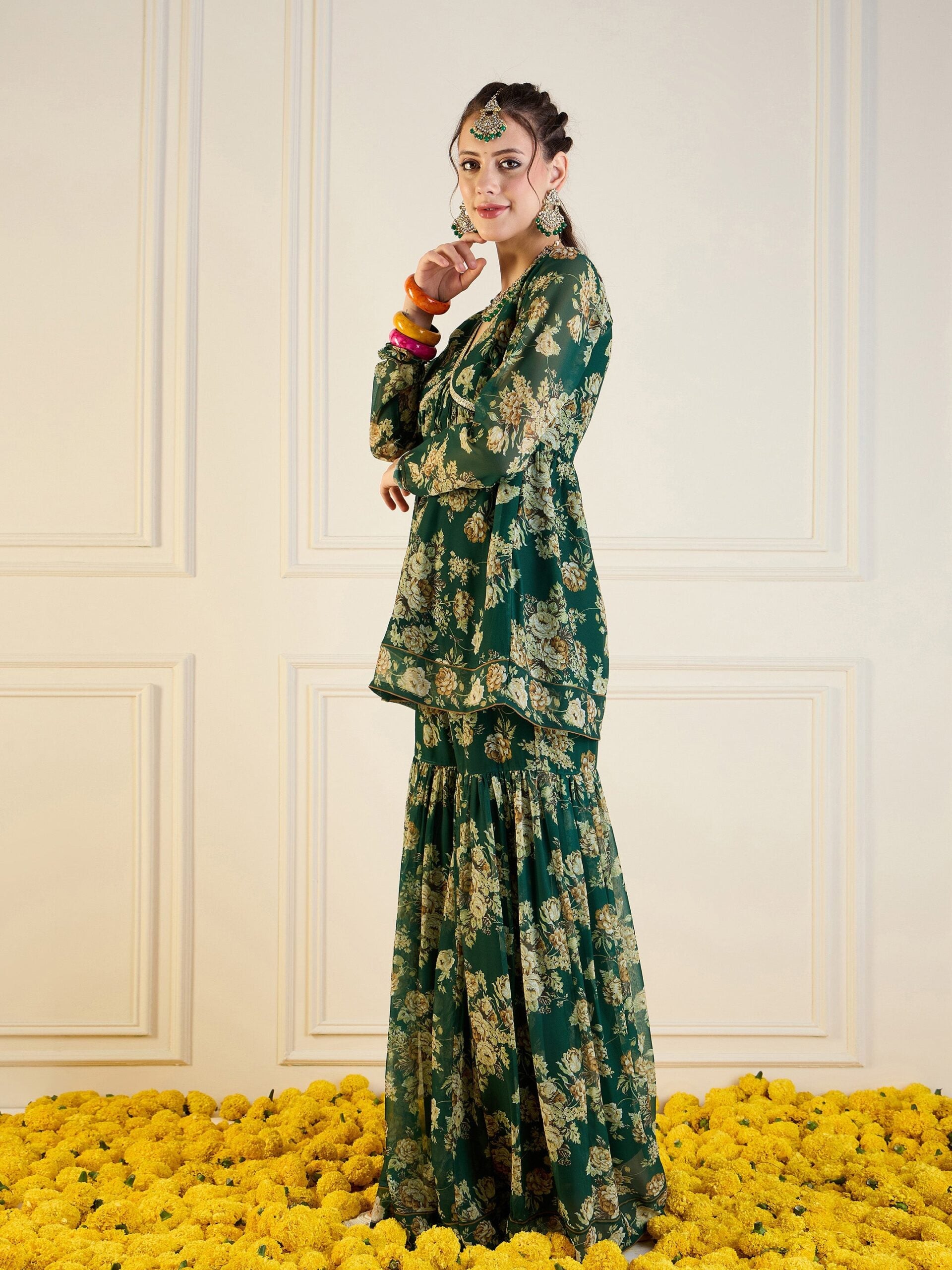 Women Emerald Green Floral Peplum Top With Sharara Pants