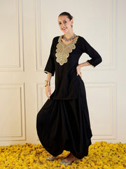 Women Black Rayon Embroidered Short Kurta With Dhoti Skirt