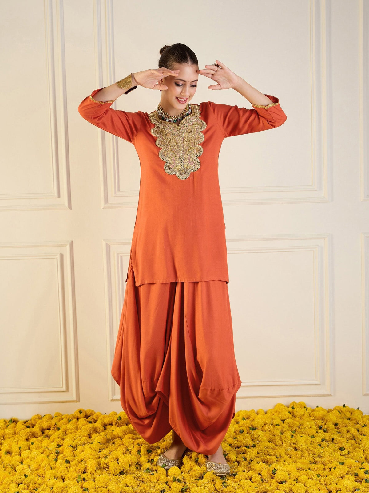 Women Rust Rayon Embroidered Short Kurta With Dhoti Skirt