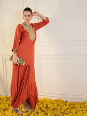 Women Rust Rayon Embroidered Short Kurta With Dhoti Skirt