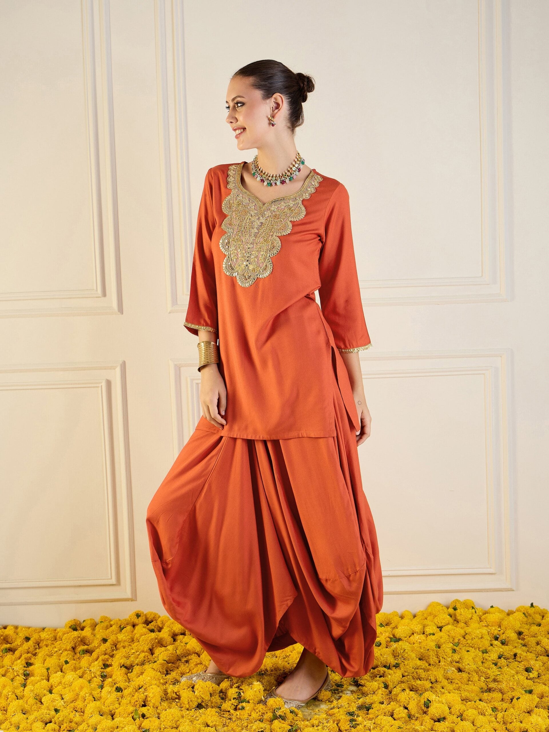 Women Rust Rayon Embroidered Short Kurta With Dhoti Skirt