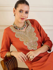 Women Rust Rayon Embroidered Short Kurta With Dhoti Skirt