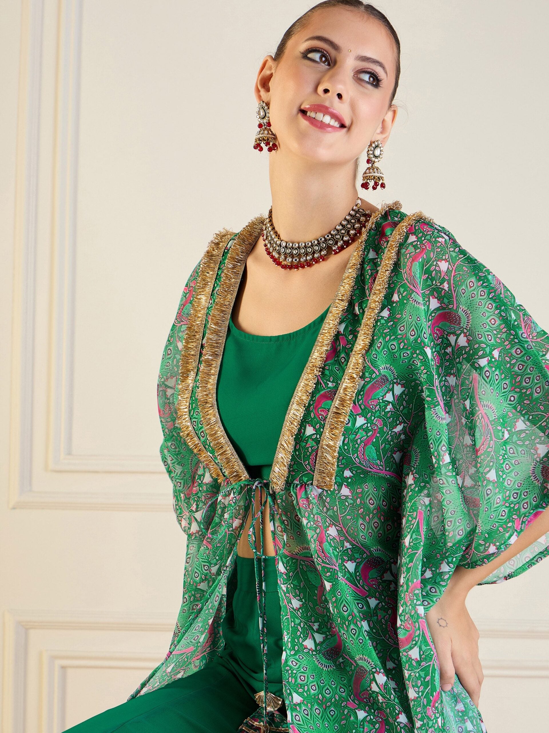 Women Green Printed Cape With Flared Pants & Crop Top