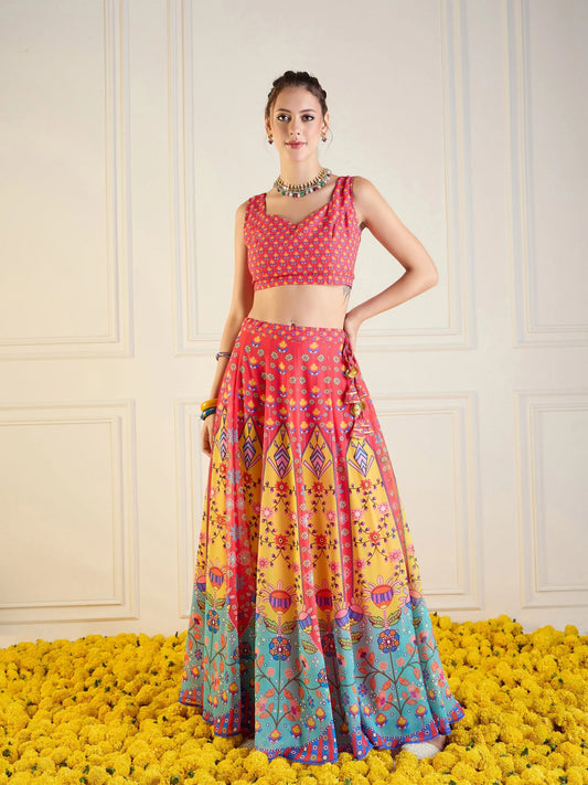 Women Red & Yellow Floral Anarkali Skirt With Dori Crop Top