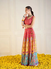 Women Red & Yellow Floral Anarkali Skirt With Dori Crop Top