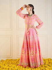 Women Pink Floral Anarkali Skirt With Ruching Crop Top