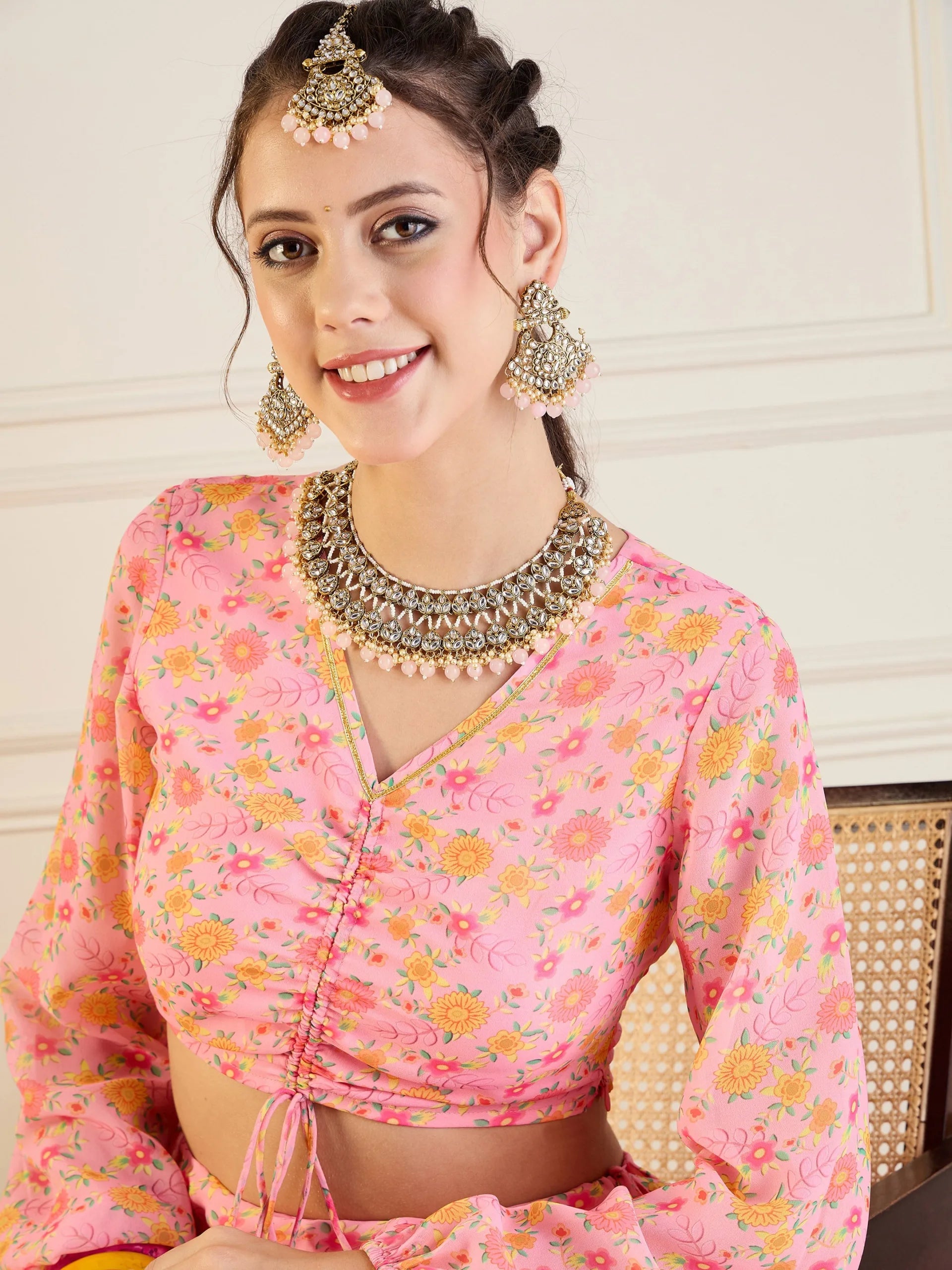 Women Pink Floral Anarkali Skirt With Ruching Crop Top