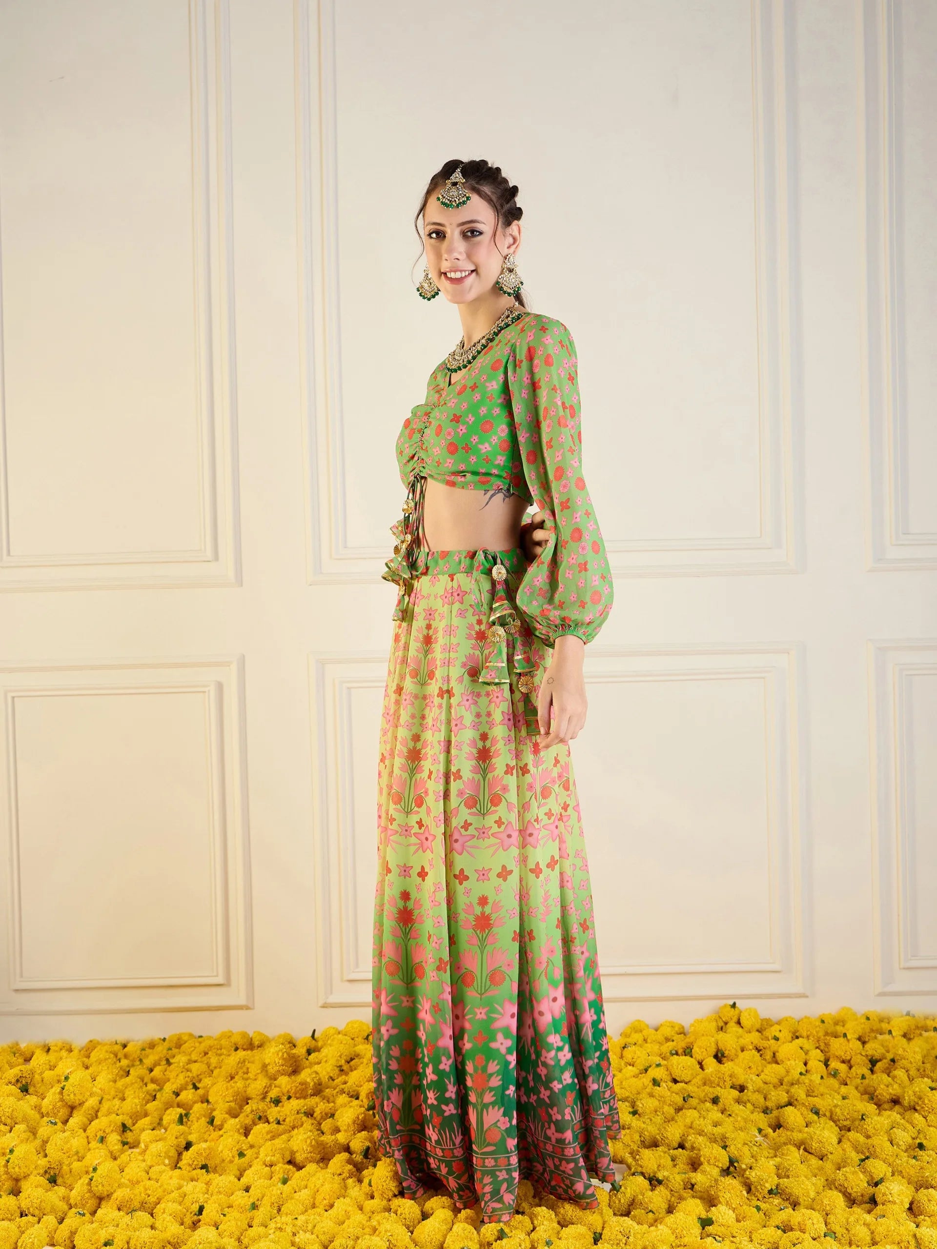 Women Green Floral Anarkali Skirt With Ruching Crop Top