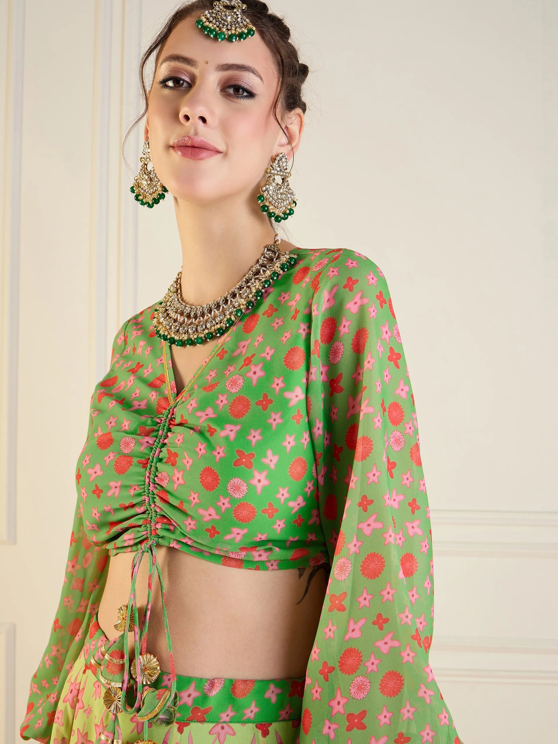 Women Green Floral Anarkali Skirt With Ruching Crop Top