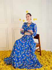 Women Royal Blue Floral Anarkali Skirt With Wrap Crop Top