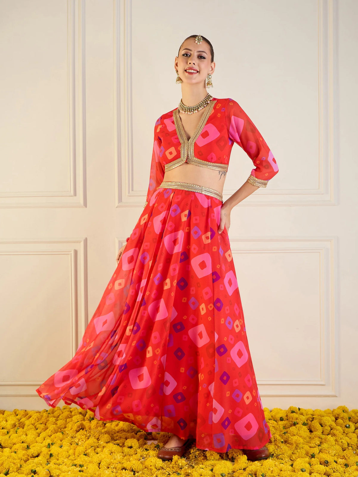 Women Red Bandhej Anarkali Skirt With Crop Top