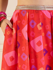 Women Red Bandhej Anarkali Skirt With Crop Top