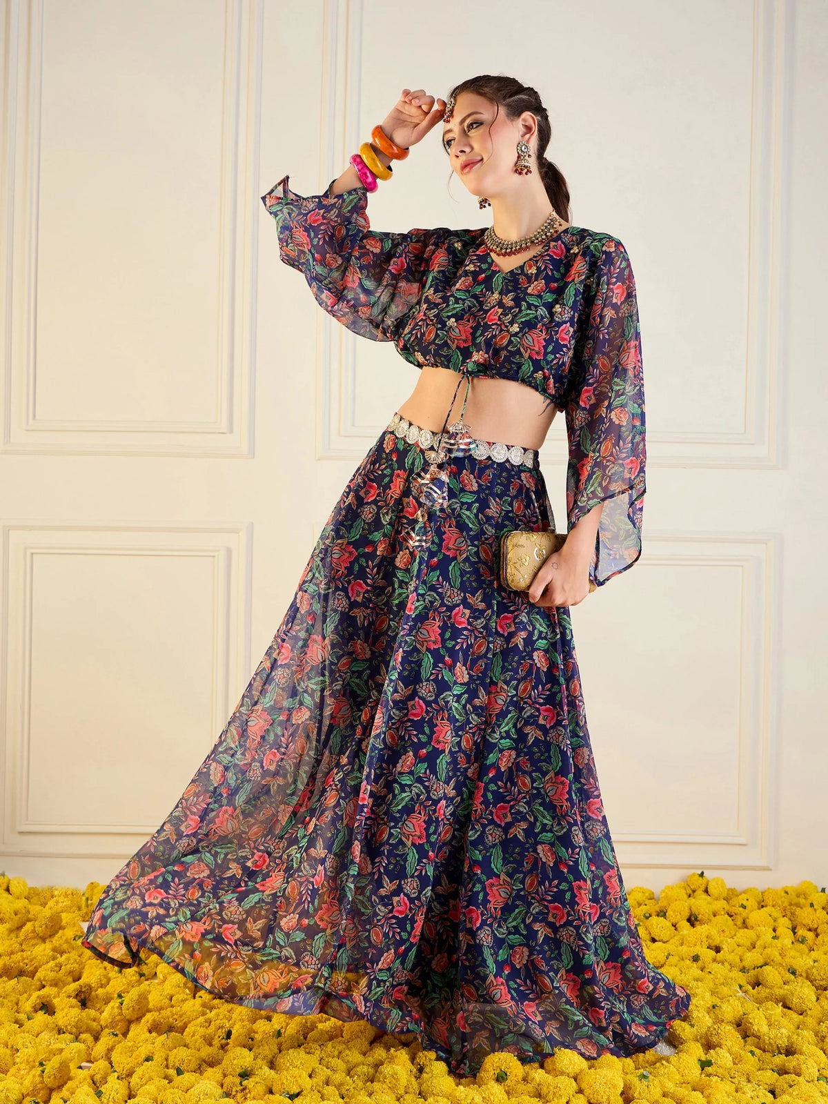 Women Navy Floral Anarkali Skirt With Front Dori Crop Top