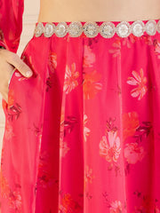 Women Fuchsia Floral Anarkali Skirt With Front Dori Crop Top