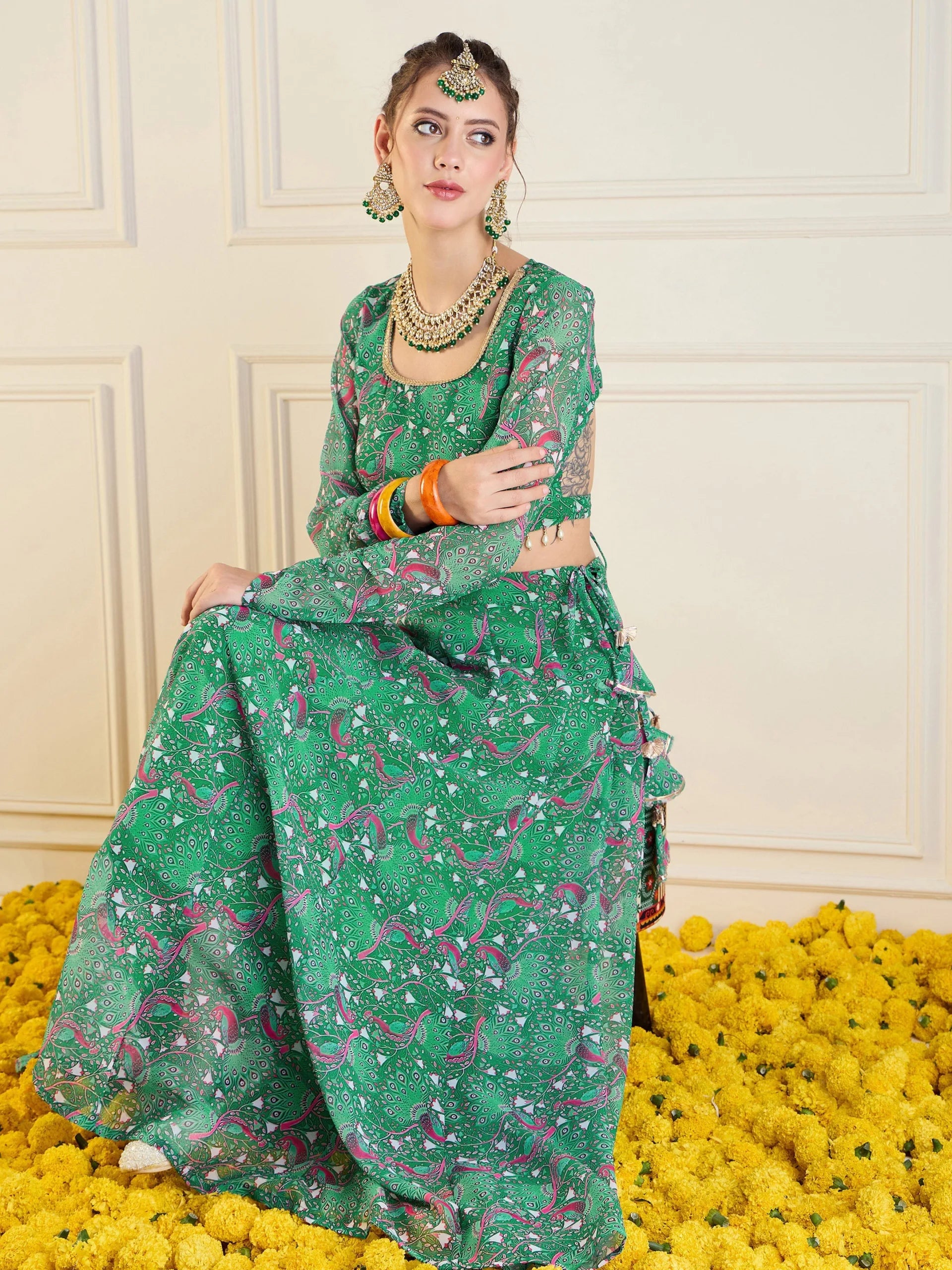 Women Green Printed Anarkali Skirt With Crop Top