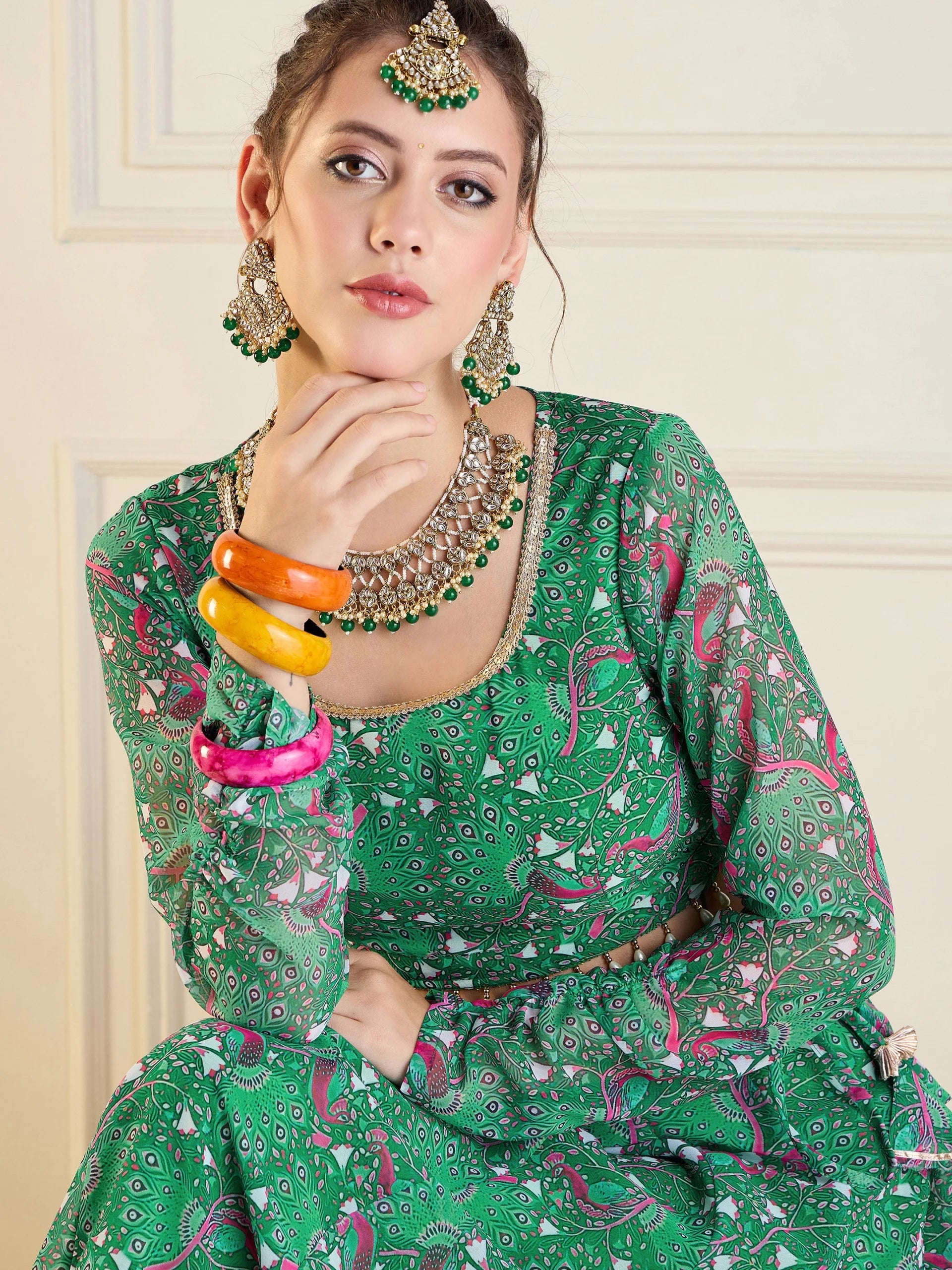 Women Green Printed Anarkali Skirt With Crop Top