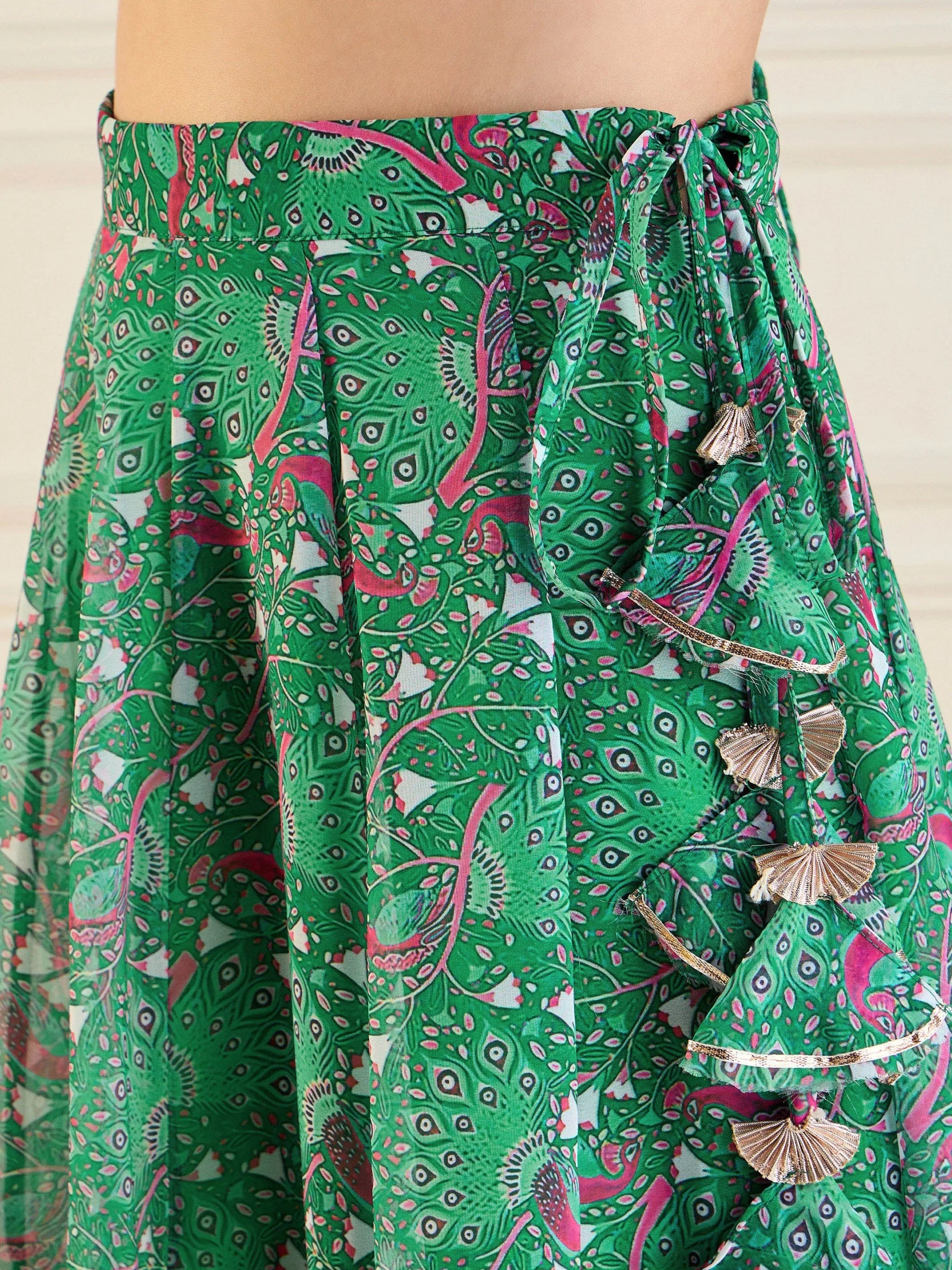 Women Green Printed Anarkali Skirt With Crop Top