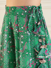 Women Green Printed Anarkali Skirt With Crop Top