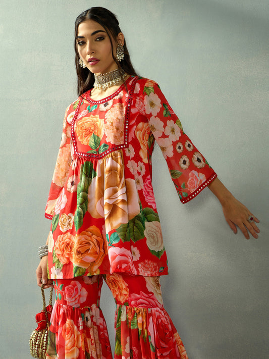 Women Red Floral Peplum Kurta With Sharara Pants