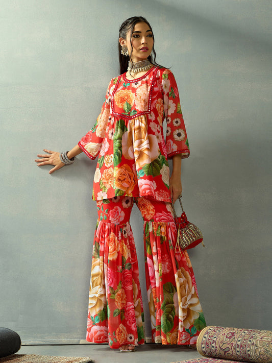 Women Red Floral Peplum Kurta With Sharara Pants